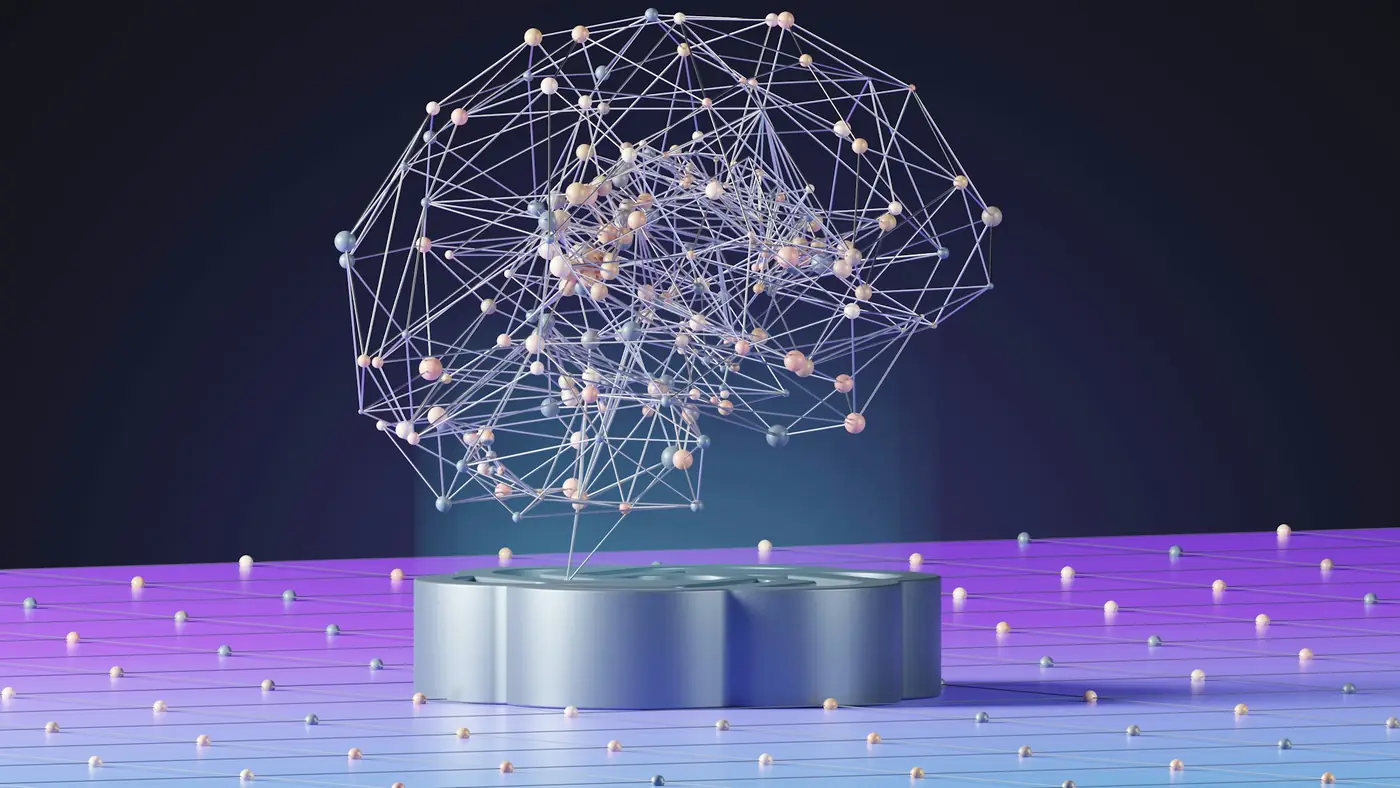 Illustration of a glowing digital brain made of connected points
