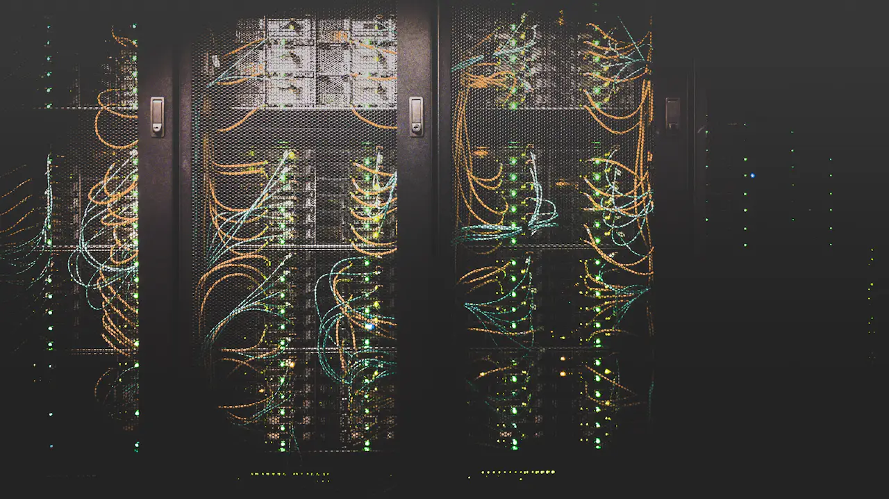 Rows of networked servers with colorful cables in a data center
