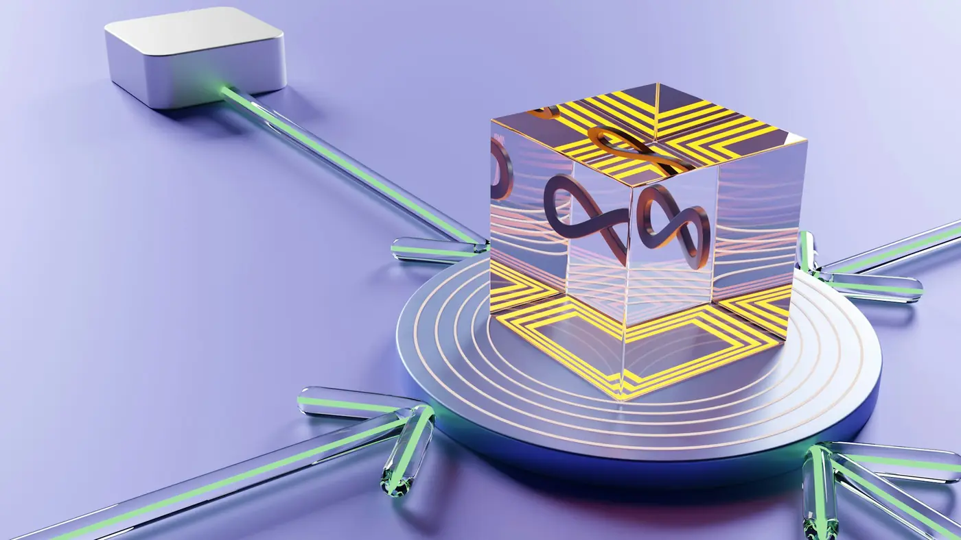 Illustration of an infinity loop inside a glass cube, representing continuous delivery